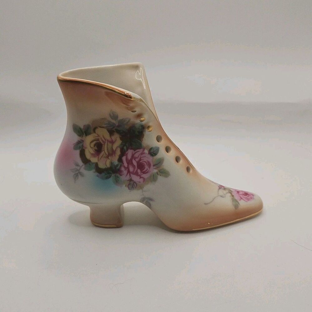 Vintage RS Hand Painted Floral Porcelain Victorian Style Boot Shoe No Lace Holes